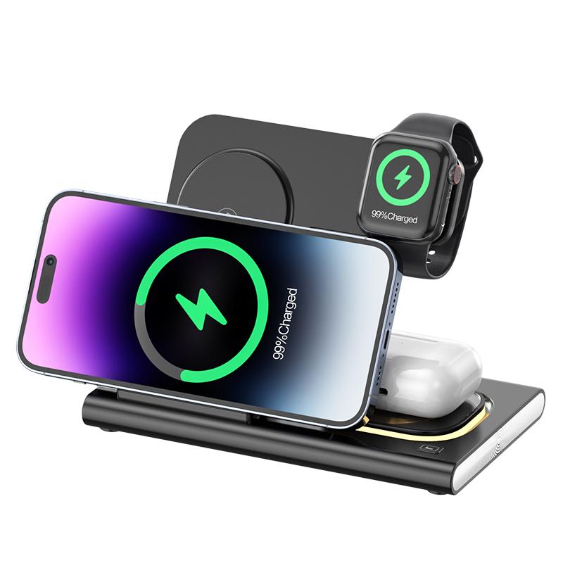 

JJT-A80 3-in-1 Desktop Foldable Wireless Charger Phone Watch Earphone Charging Stand with Night Light Black