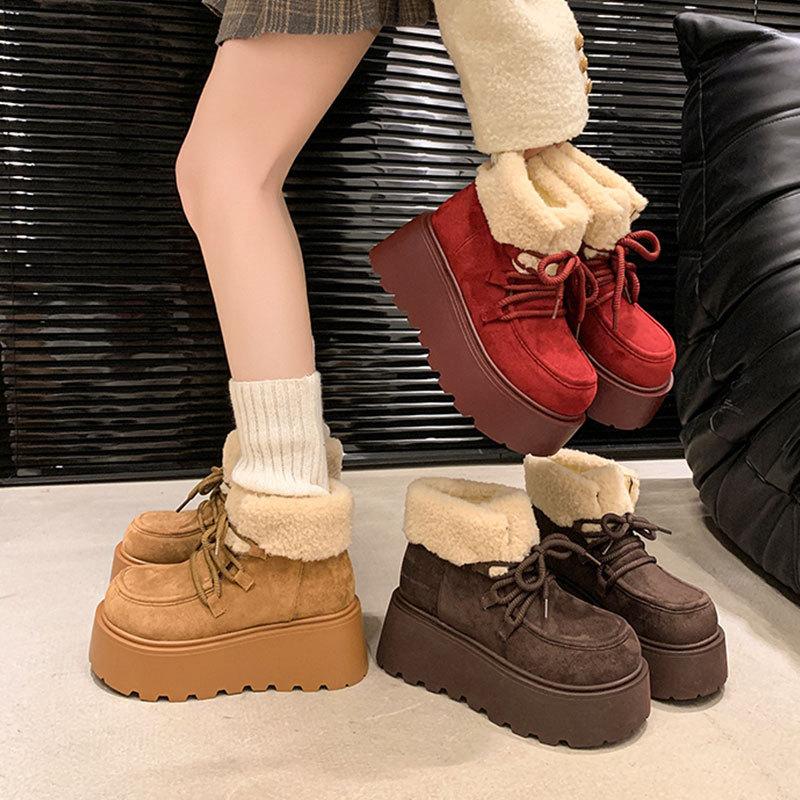 Vintage Women's High-Top Matte Snow Boots with Thickened Fur Lining and Cotton-Padded Soles Ankle Platform Boots