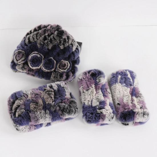 New Winter 3 Pieces Knitted Real Rex Rabbit Fur Hat Scarf Gloves Sets Women Natural Rex Rabbit Fur Warm Cap Scarves Mittens