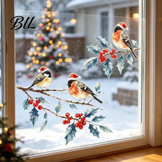 Indoor Outdoor Glass Stickers Christmas Watercolor Bird Window Sticker, Santa Hat On Beey Waterproof PVC Film Branch Static Decal, Cling for