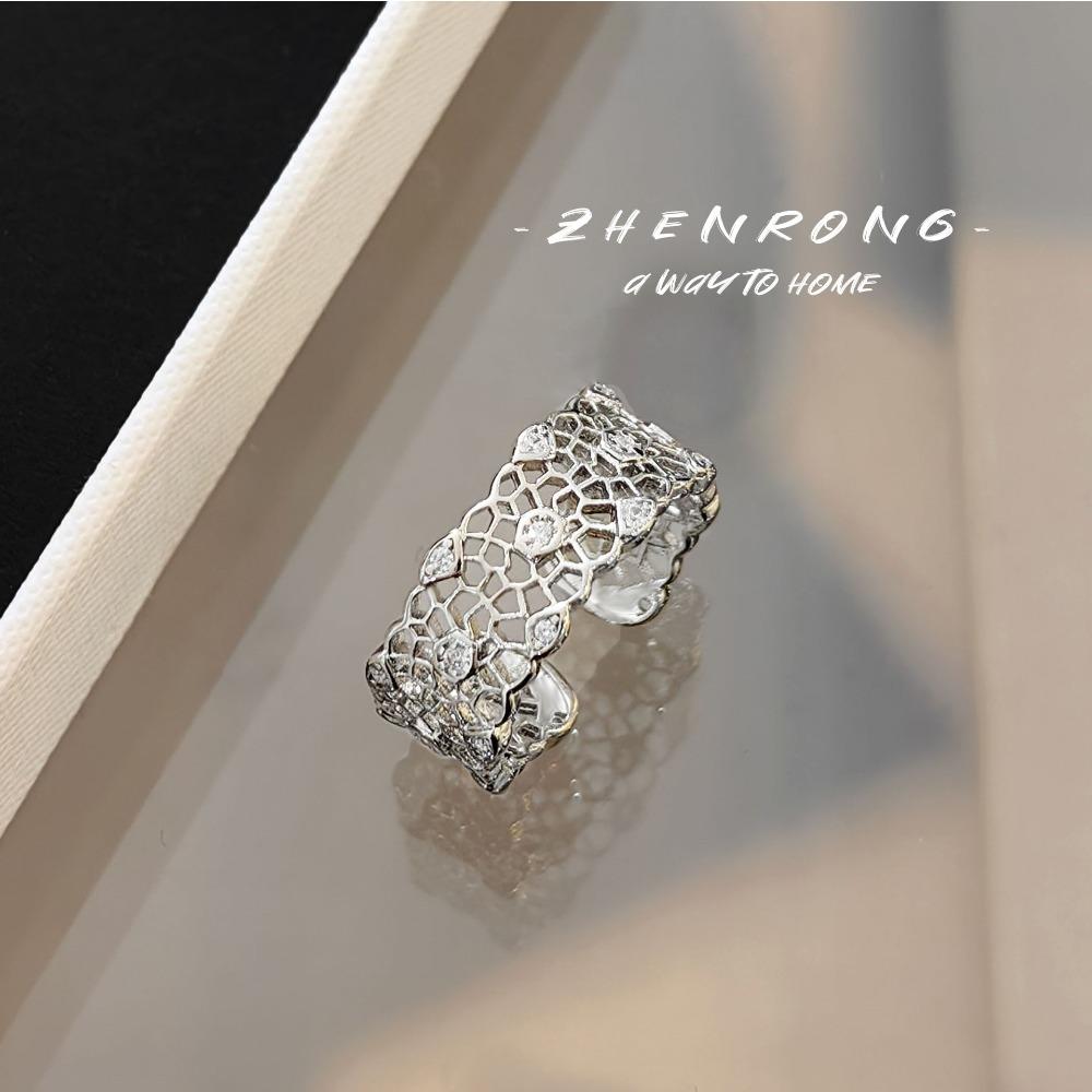 Italian Lace Filigree Honeycomb Ring Open Vintage Style with Diamond Adjustable Women Jewelry adjustable
