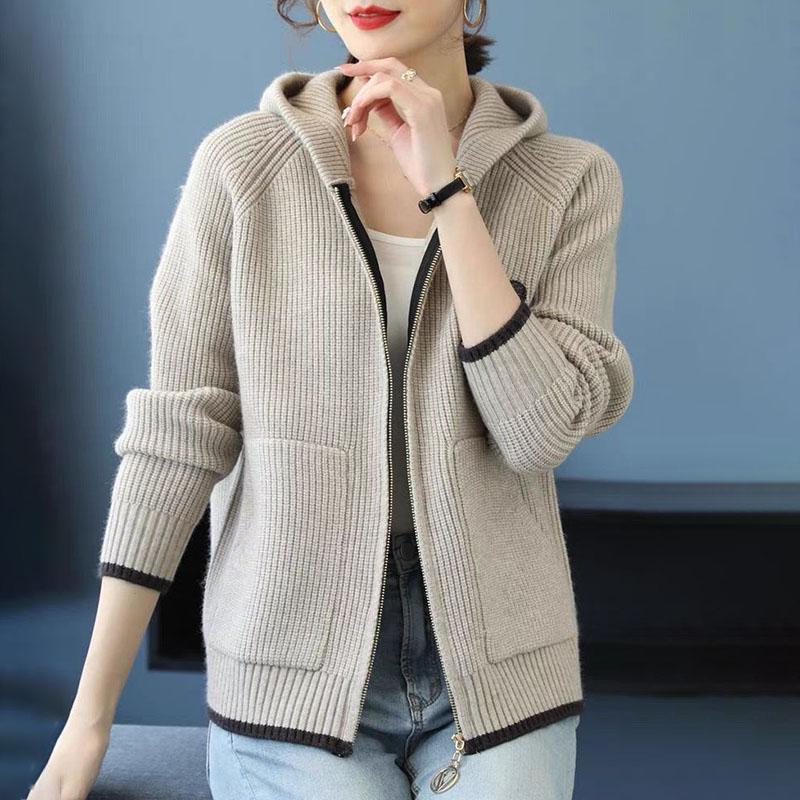 Sweaters Coat Cardigan for Women Autumn Winter Zipper Loose Long Sleeve Solid Color Hooded Knit Sweaters Jacket
