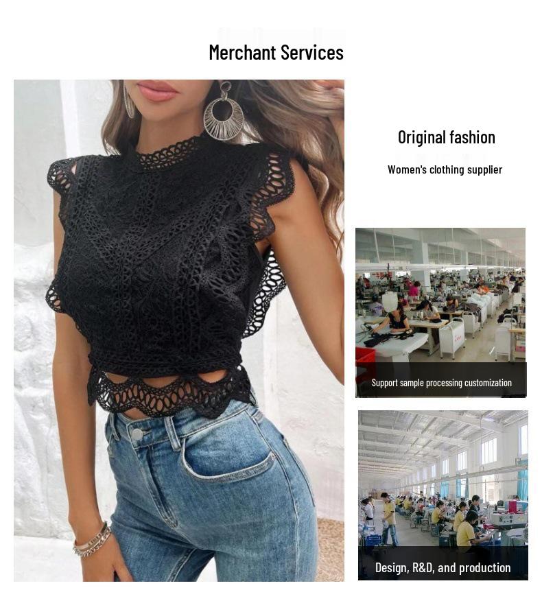 2026 Summer Hot Selling Sexy Hollow-Out Geometric Pattern Women's Lace Chiffon Top