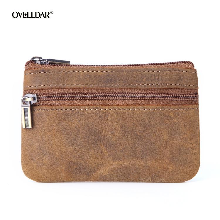 Women's Leather Coin Purse & Card Holder - Crazy Horse Leather Zippered Key Bag, Wear-Resistant Backpack Coin Storage