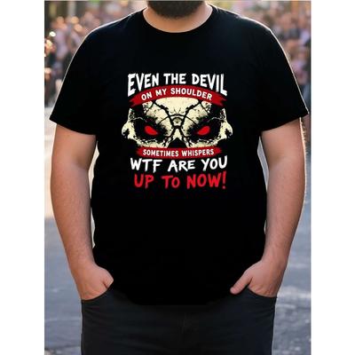 Herren-T-Shirt mit Grafikprint in europäischen Größen – Totenkopf-Design „Even the Devil on My Shoulder Whisper“, schwarz, Rundhalsausschnitt, atmungsaktiv und maschinenwaschbar