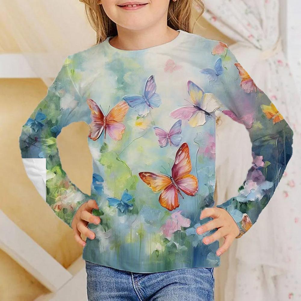 Children's Butterfly Pattern 3D Digital Printing Girl's Casual and Comfortable Round Neck Long Sleeve T-shirt