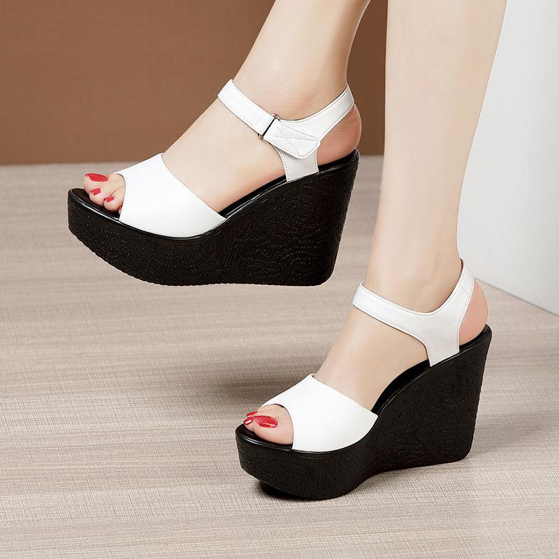 Cowhide Wedges Sandals Summer Women's Genuine Leather Shoes Platform Sandals Ladies High Heel Shoes Women Casual Flats 32-43