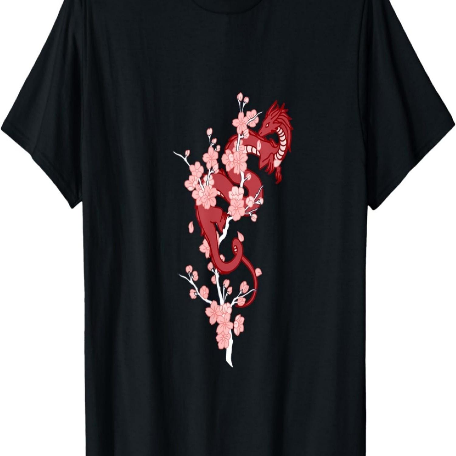 Sakura Cherry Blossom Tree with Red Dragon T-Shirt S чёрный