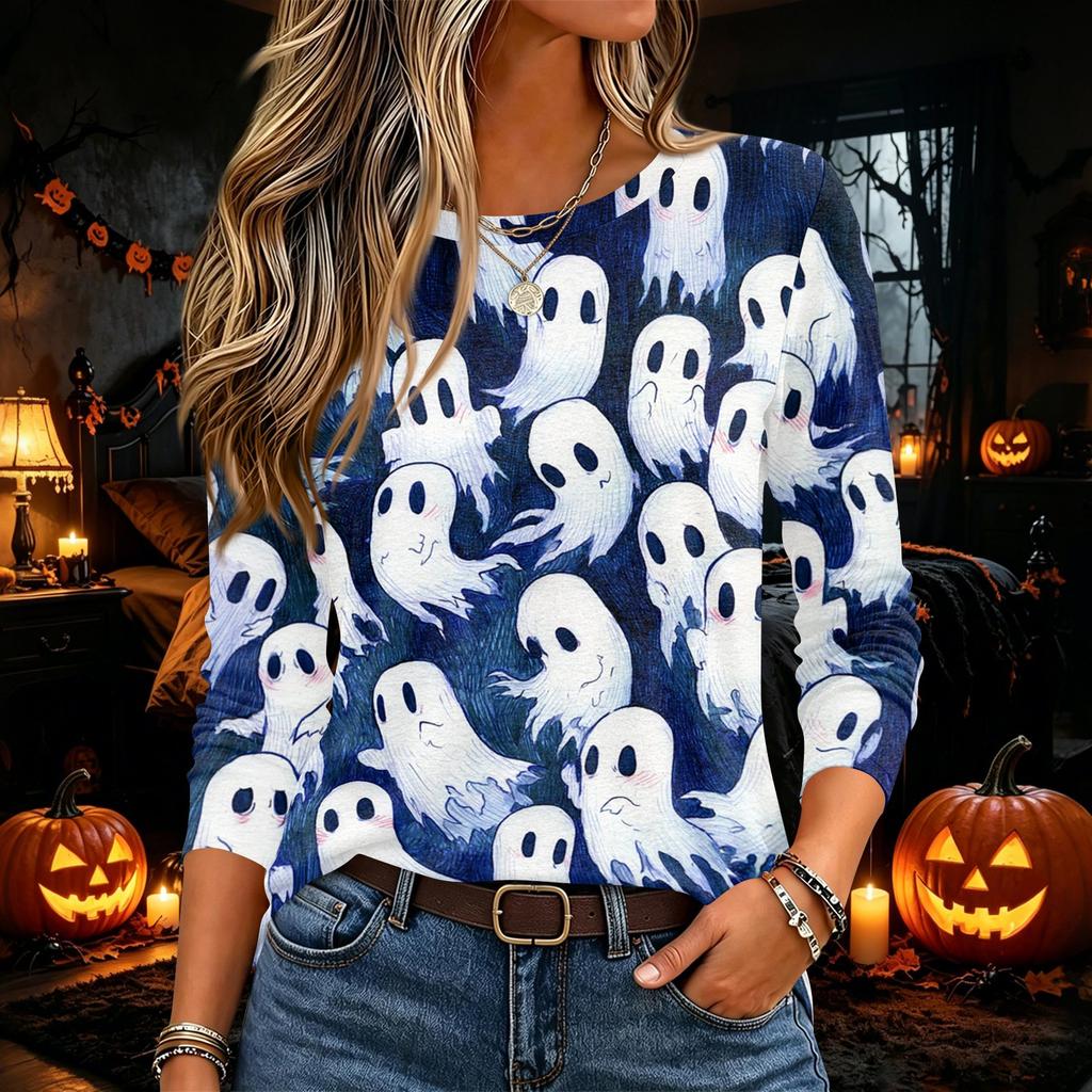 Women's Halloween Print Long Sleeve Neck Pullover Top for Party