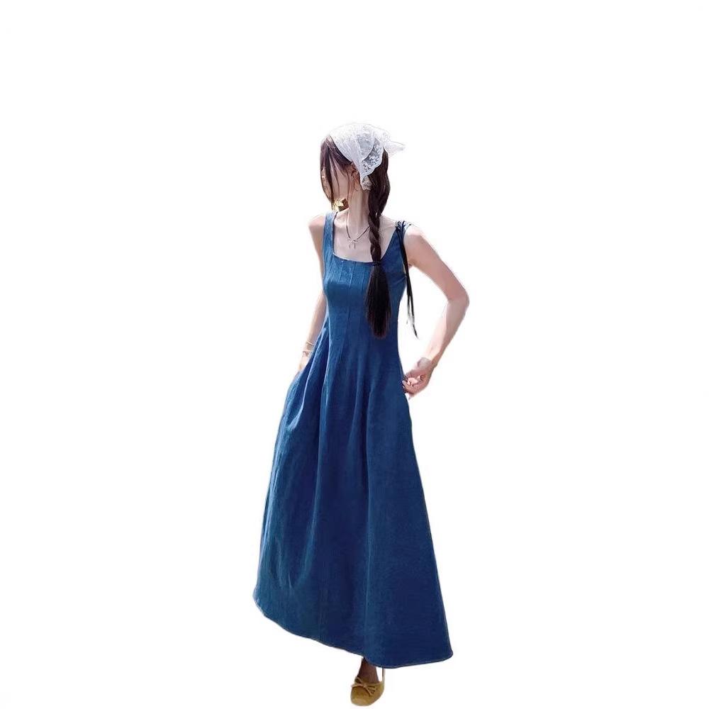 Spring and Summer Niche Design Sense Waist Temperament Suspender Long Dress Women's Blue Mist Love French Denim Dress Women