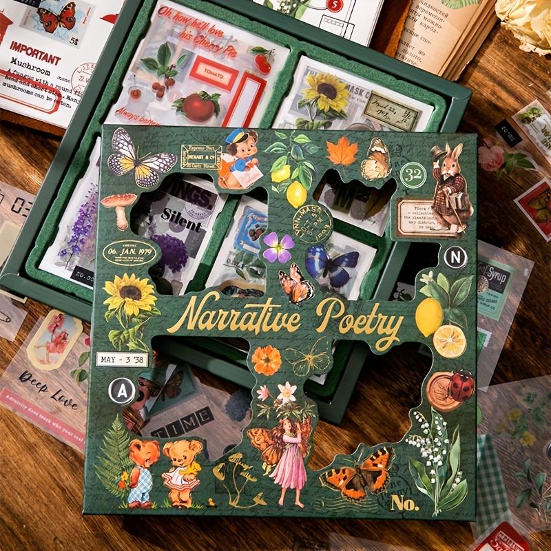 100 Folhas Adesivos Decorativos Vintage - Animais de Desenho Animado Fofos, Plantas e Designs de Poesia, Autoadesivos | Ideal para Scrapbooking