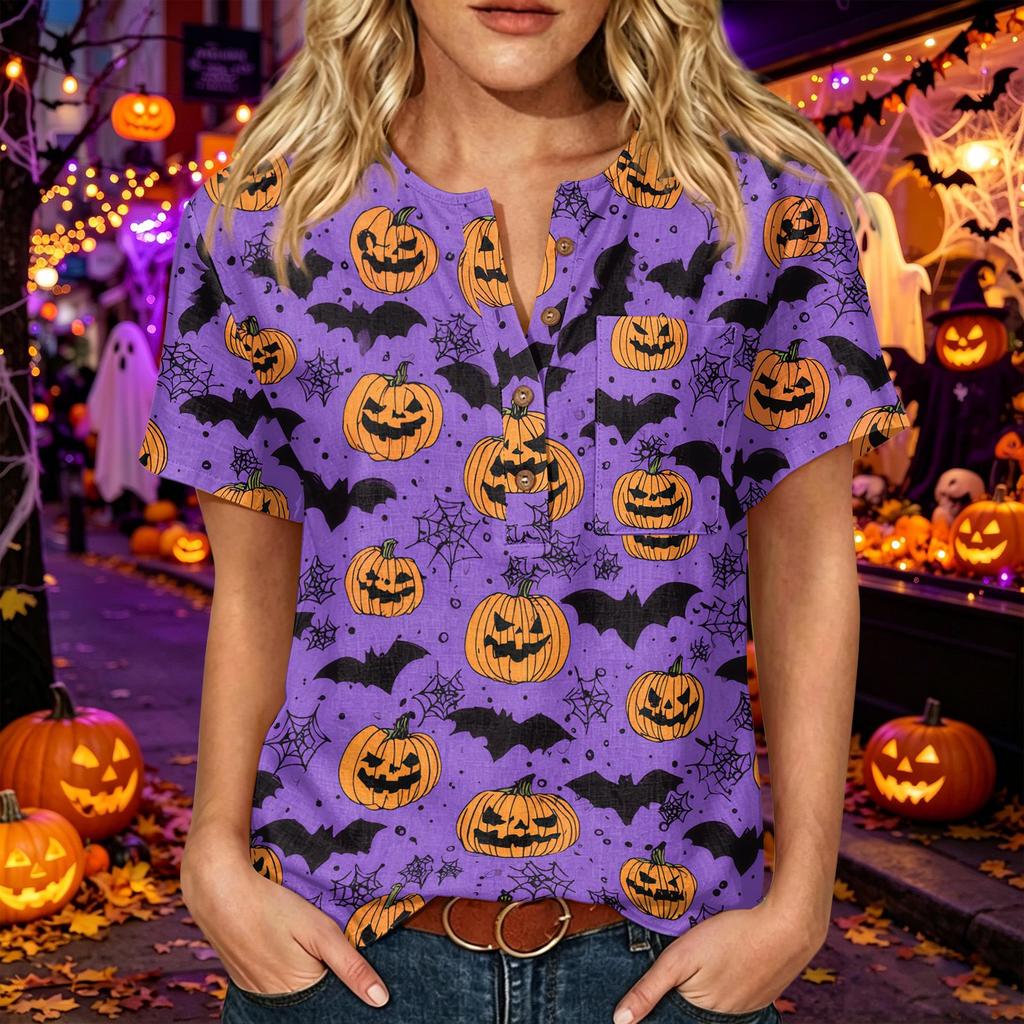 Women's Casual Halloween Print V Neck Short Sleeve Button Detail Three Quarter Sleeve T Shirt Top Lightweight Comfortable Fit