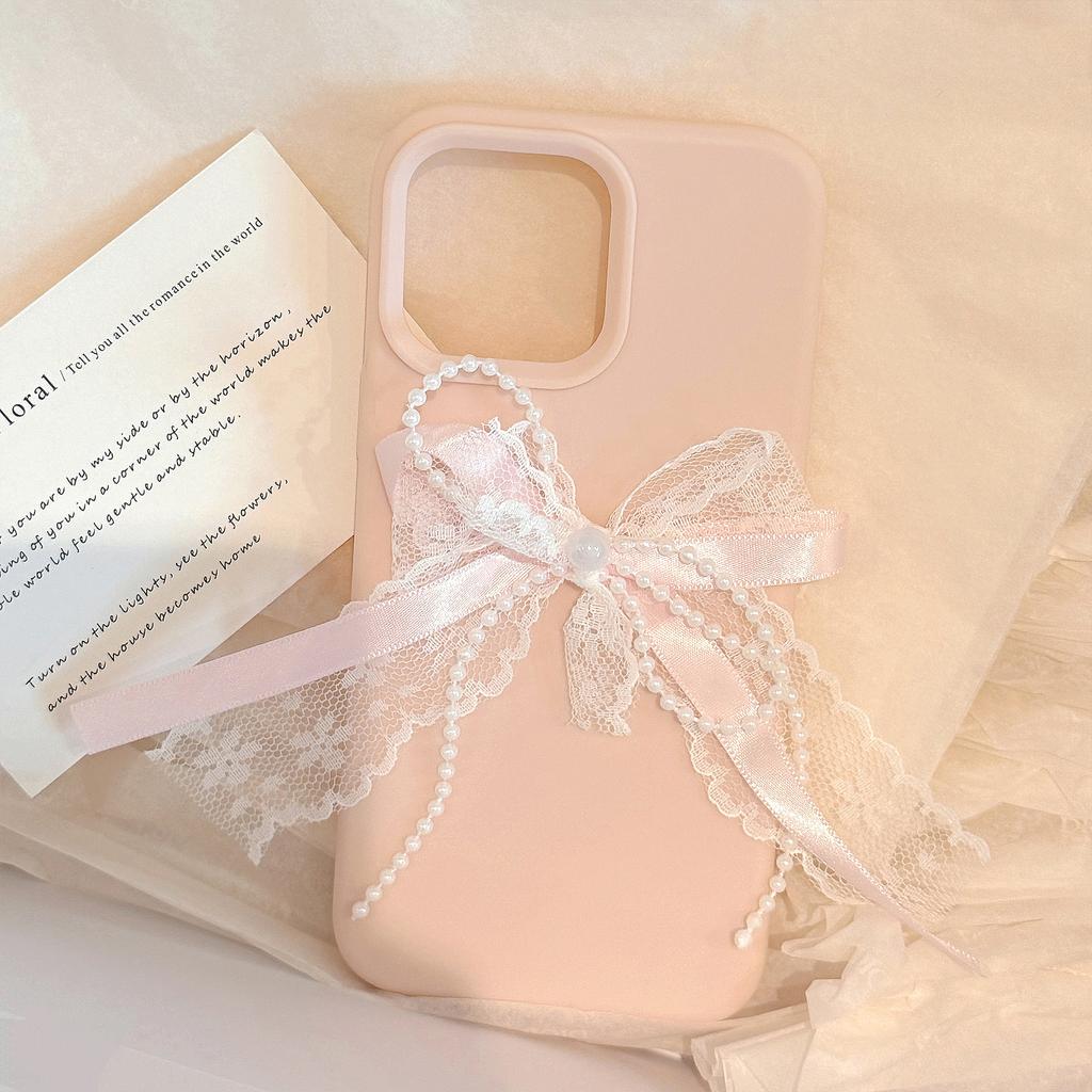 Pink Lace Pearl Knot Iphone16 Suitable for 17 IPhone Case 14pro Max Silicone 13 Three Dimensional 15