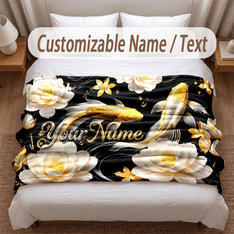 Fish Ocean Theme Soft Blanket Personalized Custom Name Text Print Warm Blanket Home Sofa Bedroom Decor