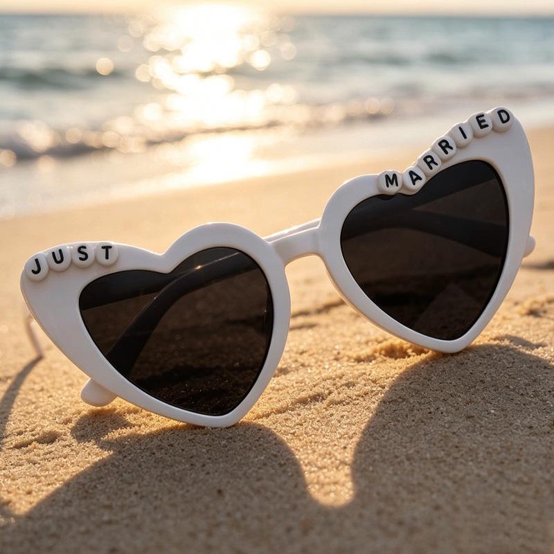 Just Married Peach Heart Sunglasses for Bridesmaids & Groomsmen