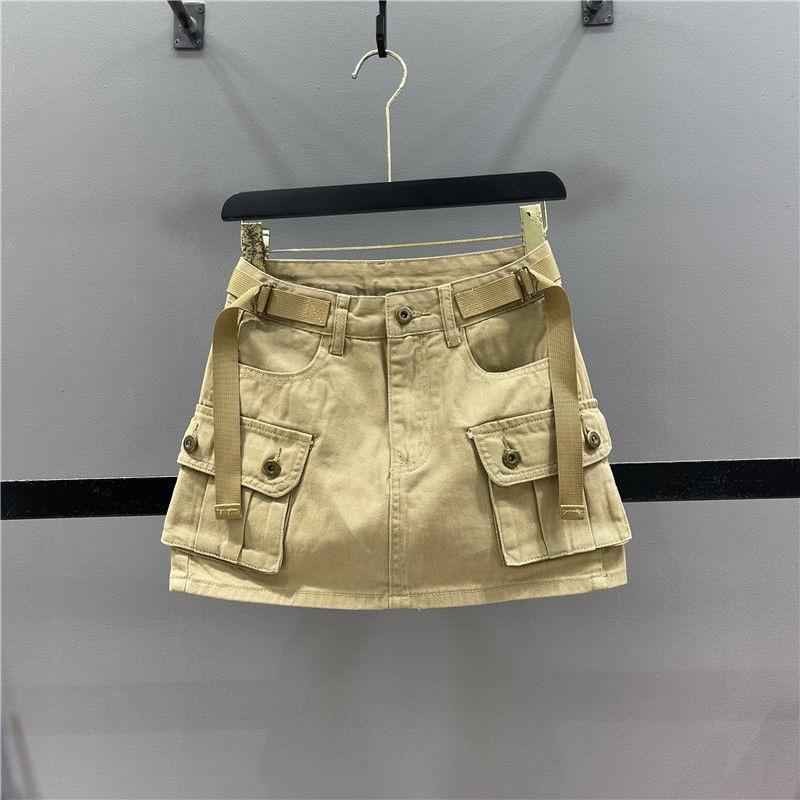 Women's Khaki A-Line Denim Skirt - High Waist, Anti-Exposure, Slim Fit, Retro Style for Summer