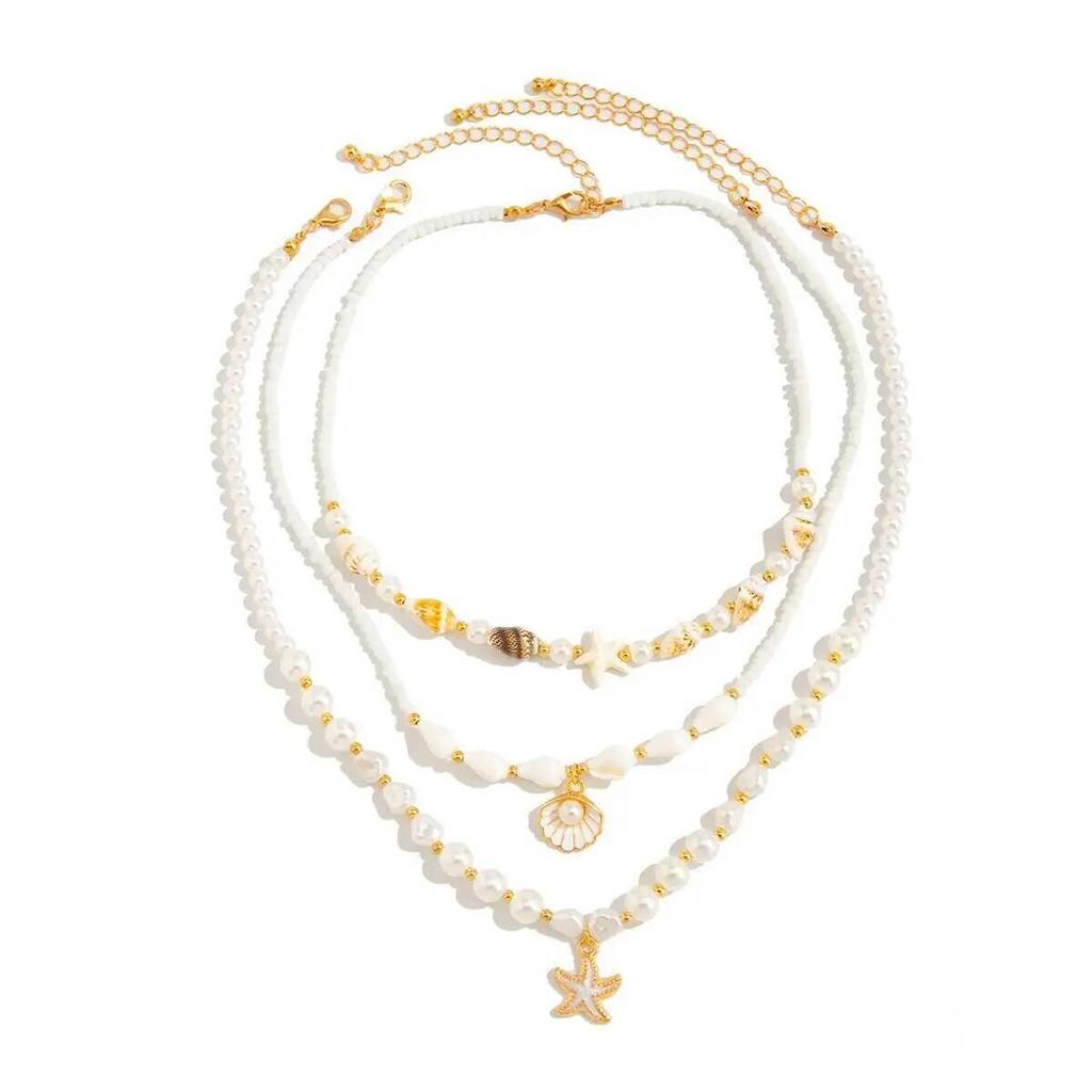 SHIXIN 3Pcs/Set Elegant Multi Layer Imitation Pearl Choker Necklace Women Bohemian Conch Scallop Starfish Pendant Necklace Gifts