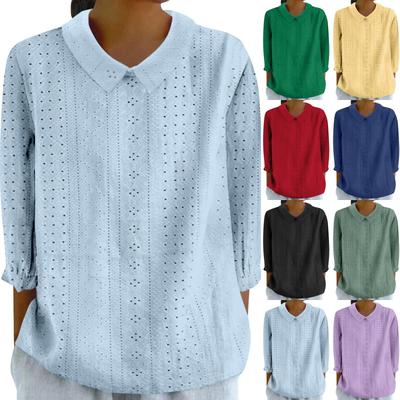 Chemises boutonnées pour femmes, col en dentelle à œillets, manches 3/4, couleur unie, décontractée, coupe ample, confortable, automne, usage quotidien