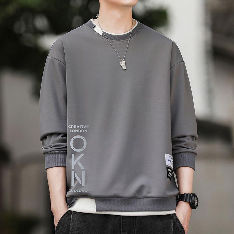 Autumn Fashion Trend Solid Color Round Neck Letter Splice Versatile Long Sleeve Simple Casual Youth Loose Sweater