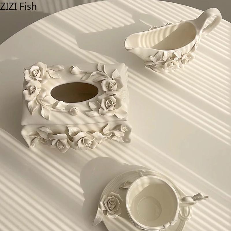 Camellia Flower Relief Ceramic Tissue Box Flower Decorative Paper Towel Case Coffee Table Desktop Tissue Boxes Modern Home Decor
