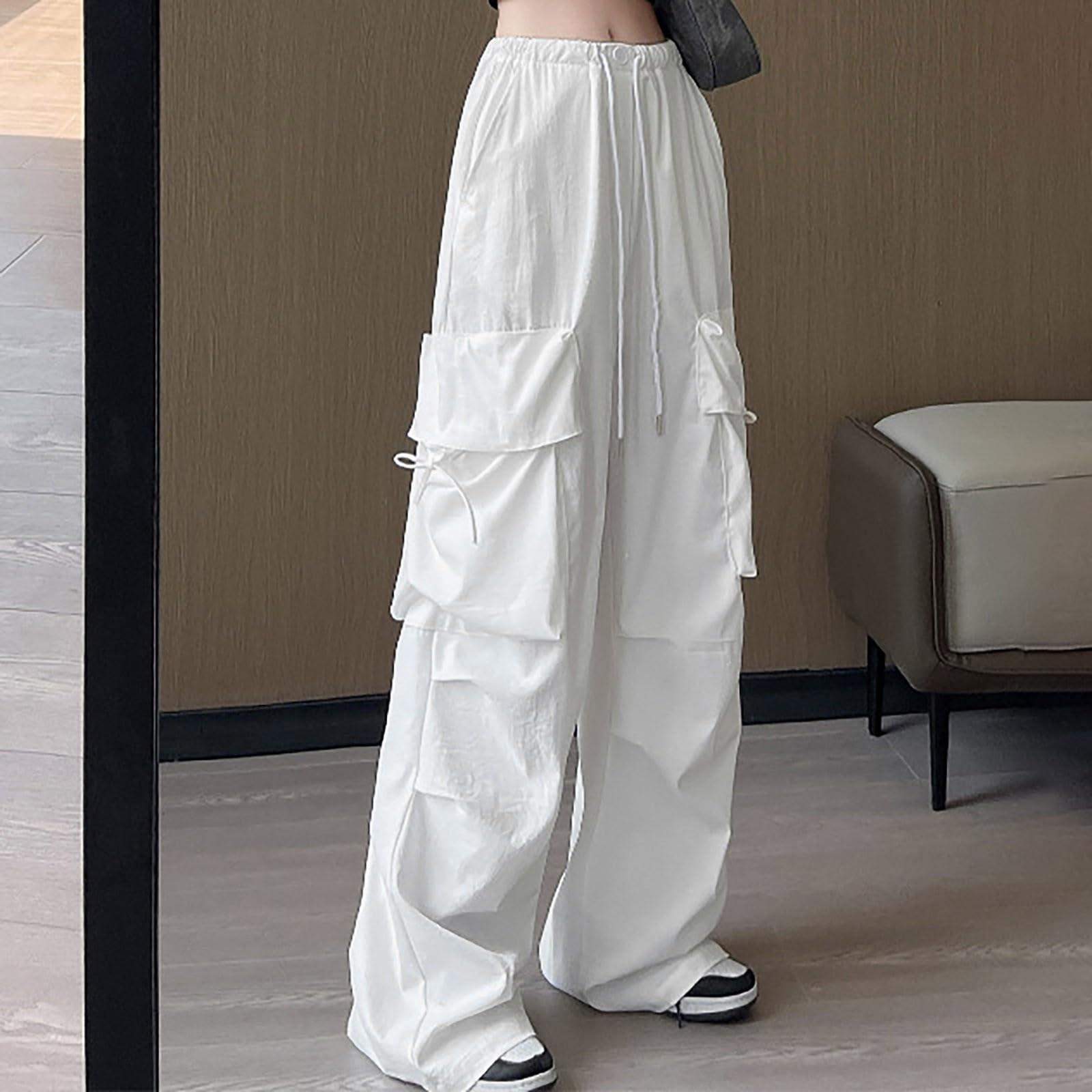 

Women s Solid Color Casual Pants Elastic Waist Sprort Pants With Pockets XL белый