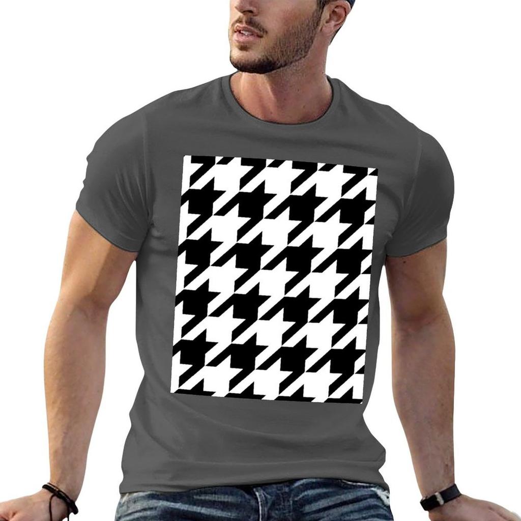 Large Traditional Black And White Houndstooth Big Geometric Pattern Tshirt Anime Street Wear T Shirt Unisex
