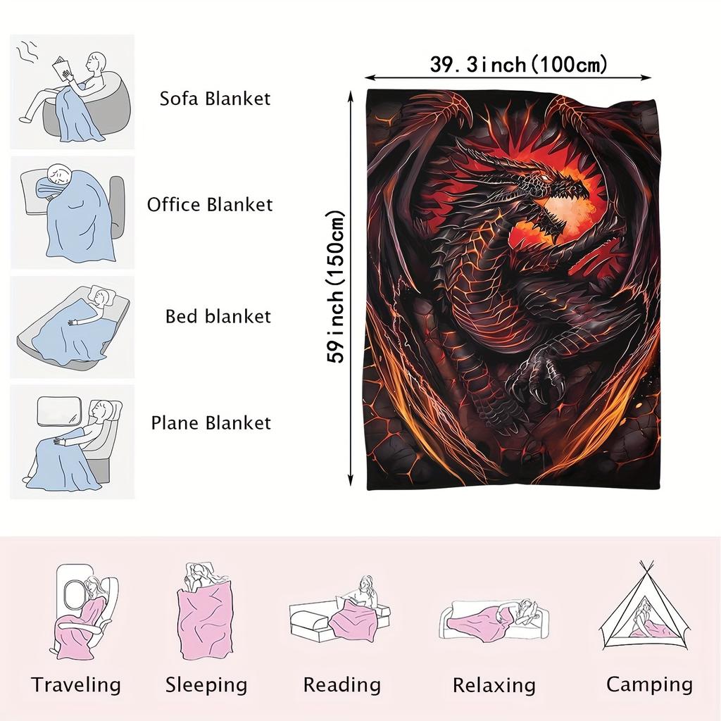 Dragon Print Flannel Blanket,Soft Warm Multi-Purpose Throw-Perfect for Sofa Bed Office Camping-Cozy Home&Travel Essential