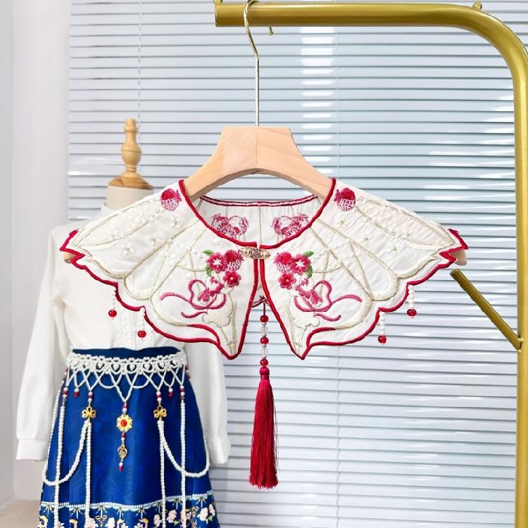 Chinesische Perlenquasten Falscher Kragen Vintage Stickerei Hase Blume Schal Schal