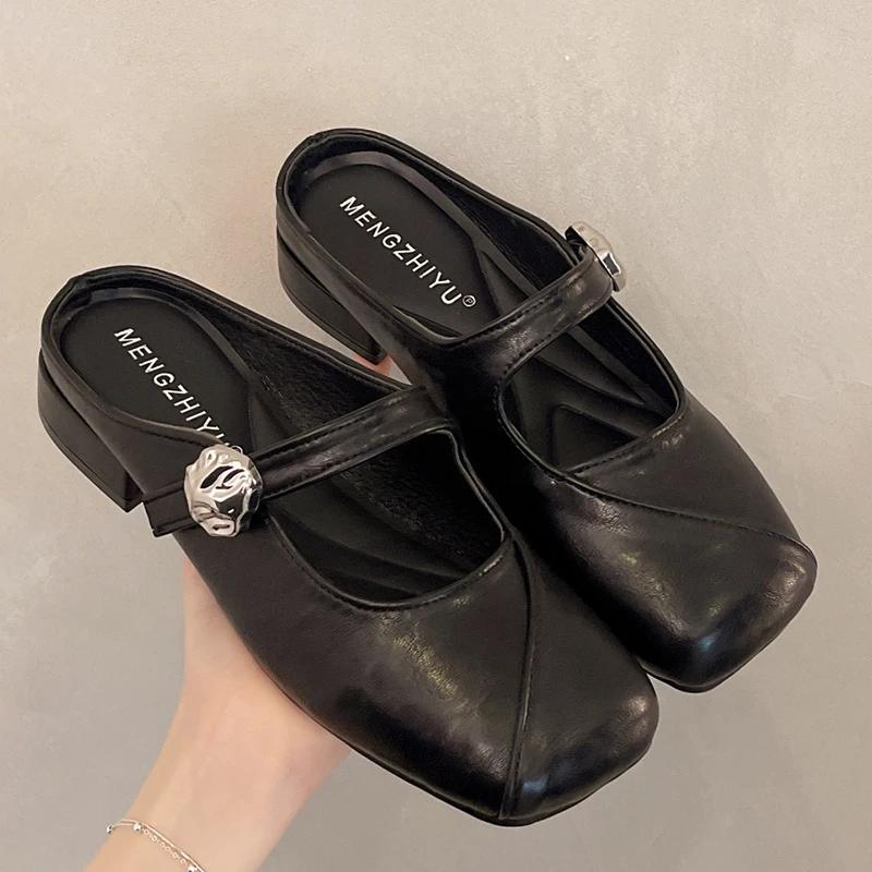 Fashion Retro Bao Toe Square Toe Pumps for Women Elegant Strap Low Heel Pumps Ladies Early Spring Weightlight Pu Leather Shoes Mujer 40 чёрный 3979₽