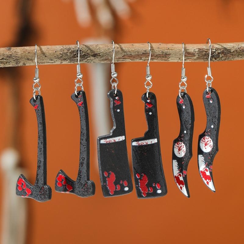 1 Set Punk Style Halloween Funny Blood Black Acrylic Simulation Knife Axes Kitchen Pumpkin Skull Exaggerated Ear Hook