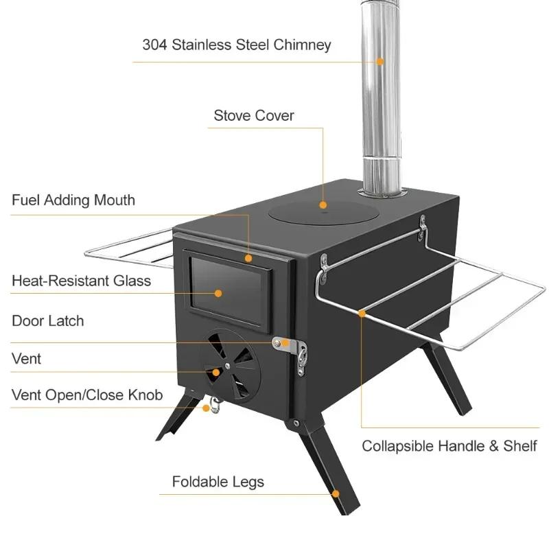 Camping Stove Detachable Chimney Portable Firewood Stove Outdoor Tent  Camping Fire Wood Heater  Heating Fire Basin