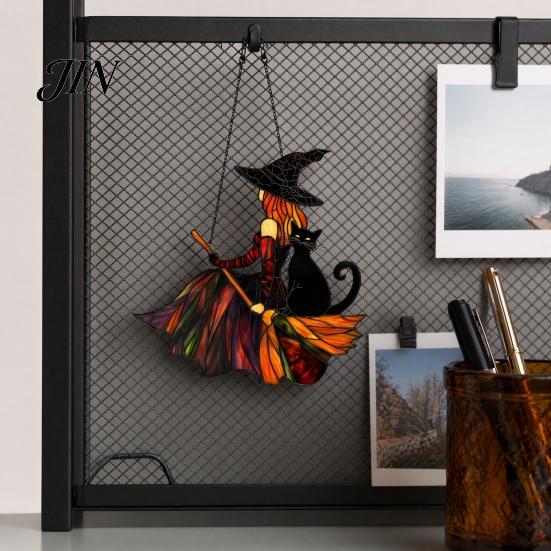 Retro Fantasy Window Hanging Vintage Halloween Cat Witch Decoration, Acrylic Ornaments, Black Decor Rustic Farmhouse Tree Decor, Party Supplies
