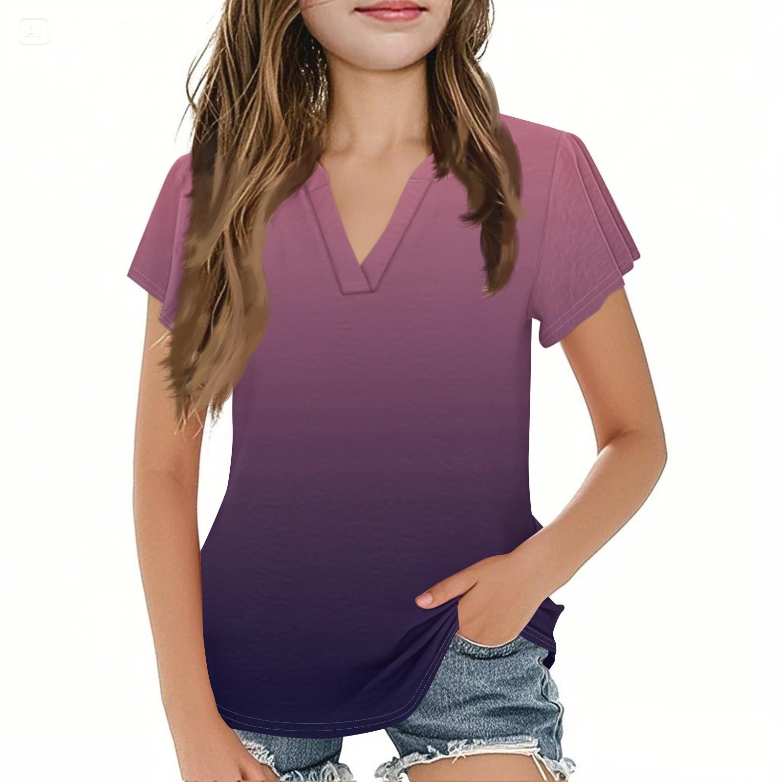 

Летний детский милый и повседневный модный топ для девочек с короткими рукавами и V-образным вырезом 130 фиолетовый