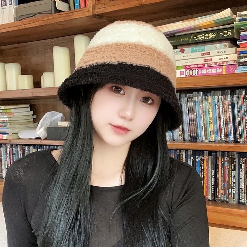 Striped Color blocking Knitted Fisherman Hat Women's Autumn and Winter Korean Version Ins Warm Wool Bucket Hat Showing Face Small Plush Basin Hat