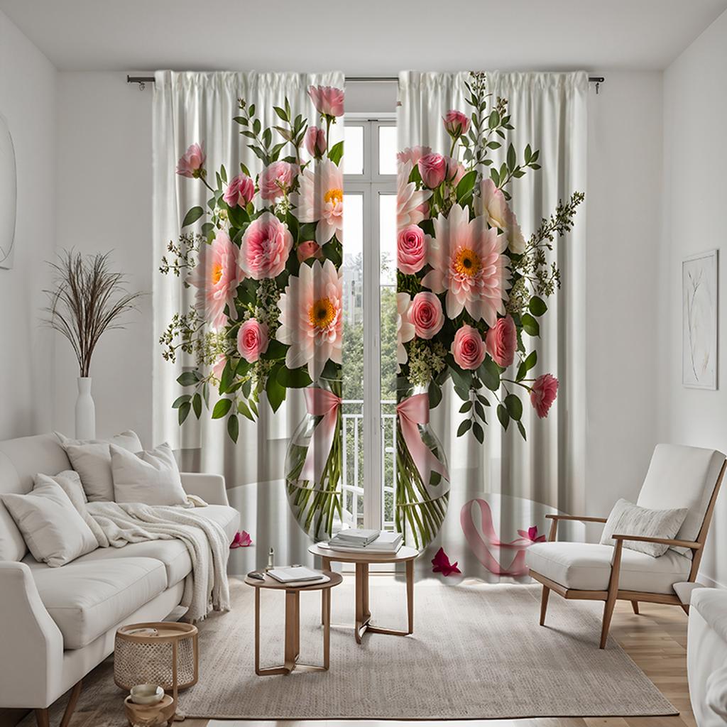 2pcs HD vase Bouquet of roses decorative curtain Pink tie digital printed curtain Home Decoration style Decorative living roo