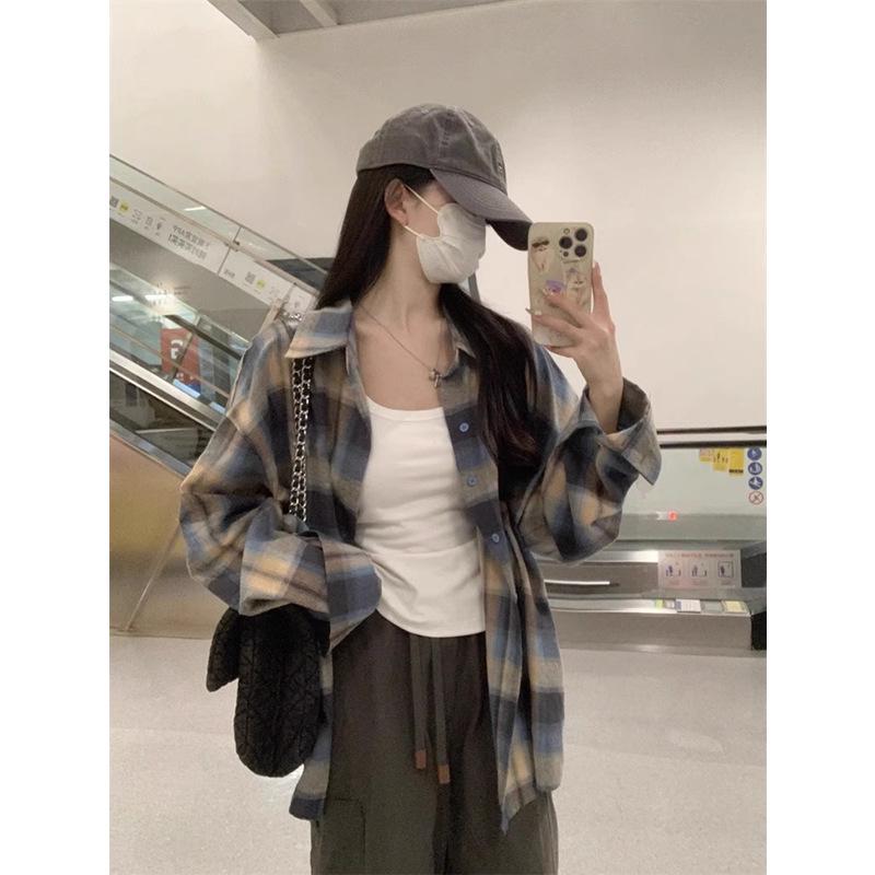 Korean Style Plaid Turn-Down Collar Long Sleeve Women's Shirt - Spring/Summer Casual Loose Mid-Length Sun Protection Top