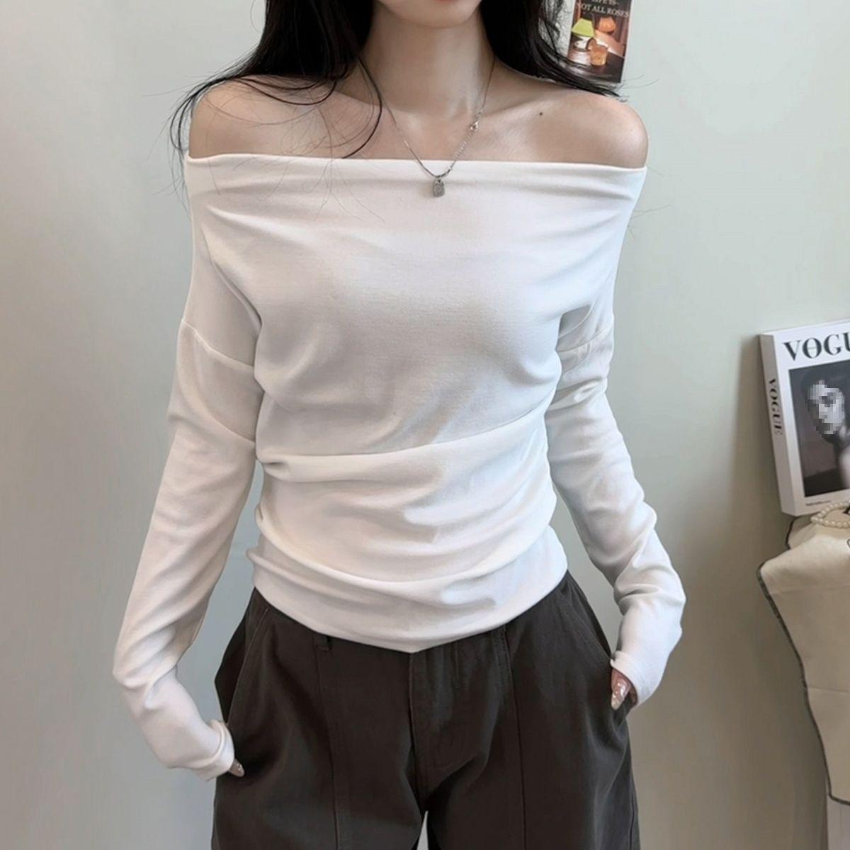 

R6Q2025 Summer Stylish Korean Slimming One-Shoulder Long Sleeve Women s Top - Early Autumn Versatile Collection L 110-125 lbs