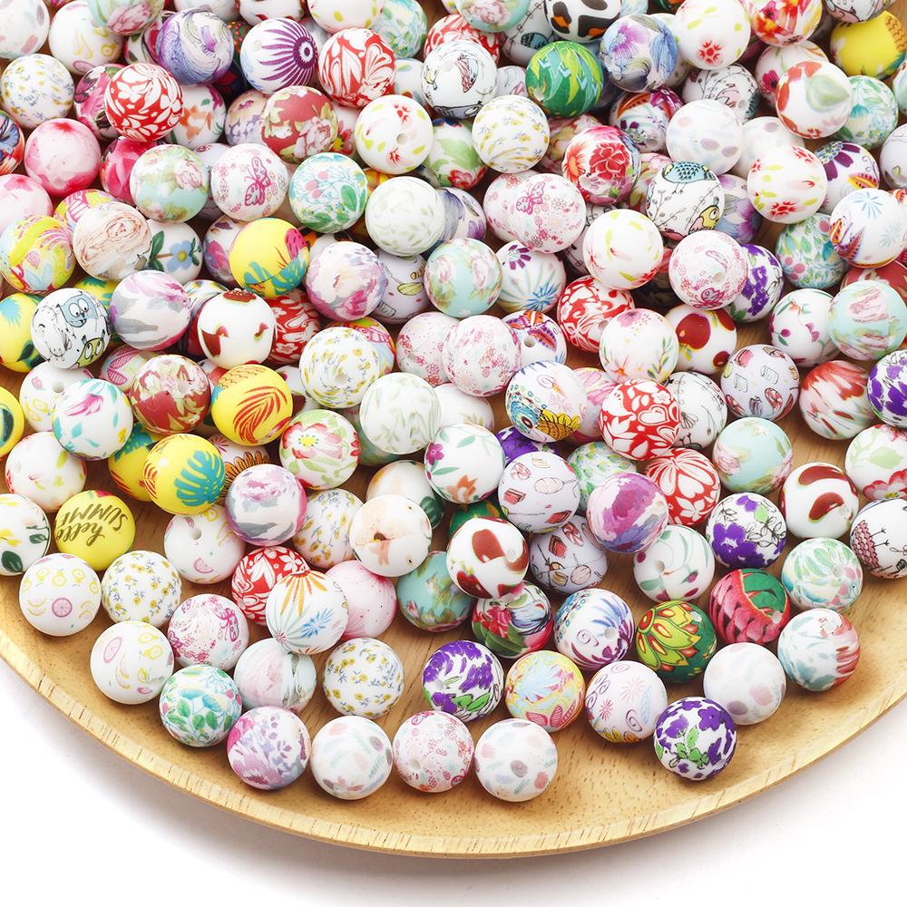 10Pcs 15mm New Silicone Beads Round Print Colorful Spacer Beads Food Grade Baby Nursing Necklace Pacifier Chain Teether Toys