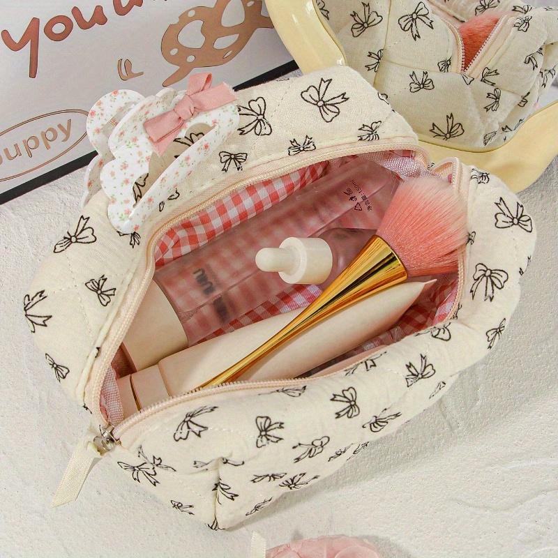 Cute Bow Make Up Bag Cute Bow Knot Pattern Toiletries Bag Travel Make Organizer Zipper Pouch, Quilted Cosmetics Bag, Stylish Foldable Commuter