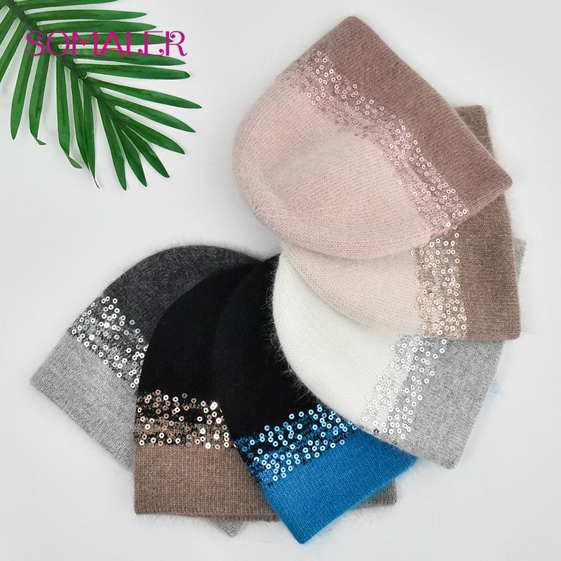 SOMALER Winter Hats for Women Warm Angora Wool Knitted Hat Fashion Sequin Beanie Hat Thick Long Rabbit Fur Hair  Skull Cap Bonnet