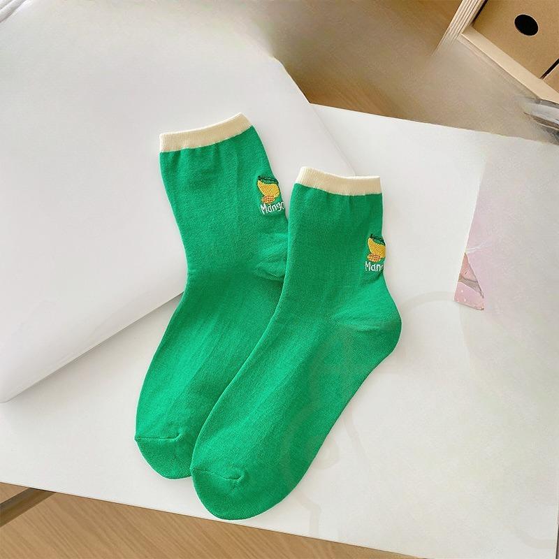Fruit Embroidery Socks, Women's Mid-calf Socks, Trendy Pure Cotton Japanese-style Cute Sports Student Dopamine Summer Long Socks
