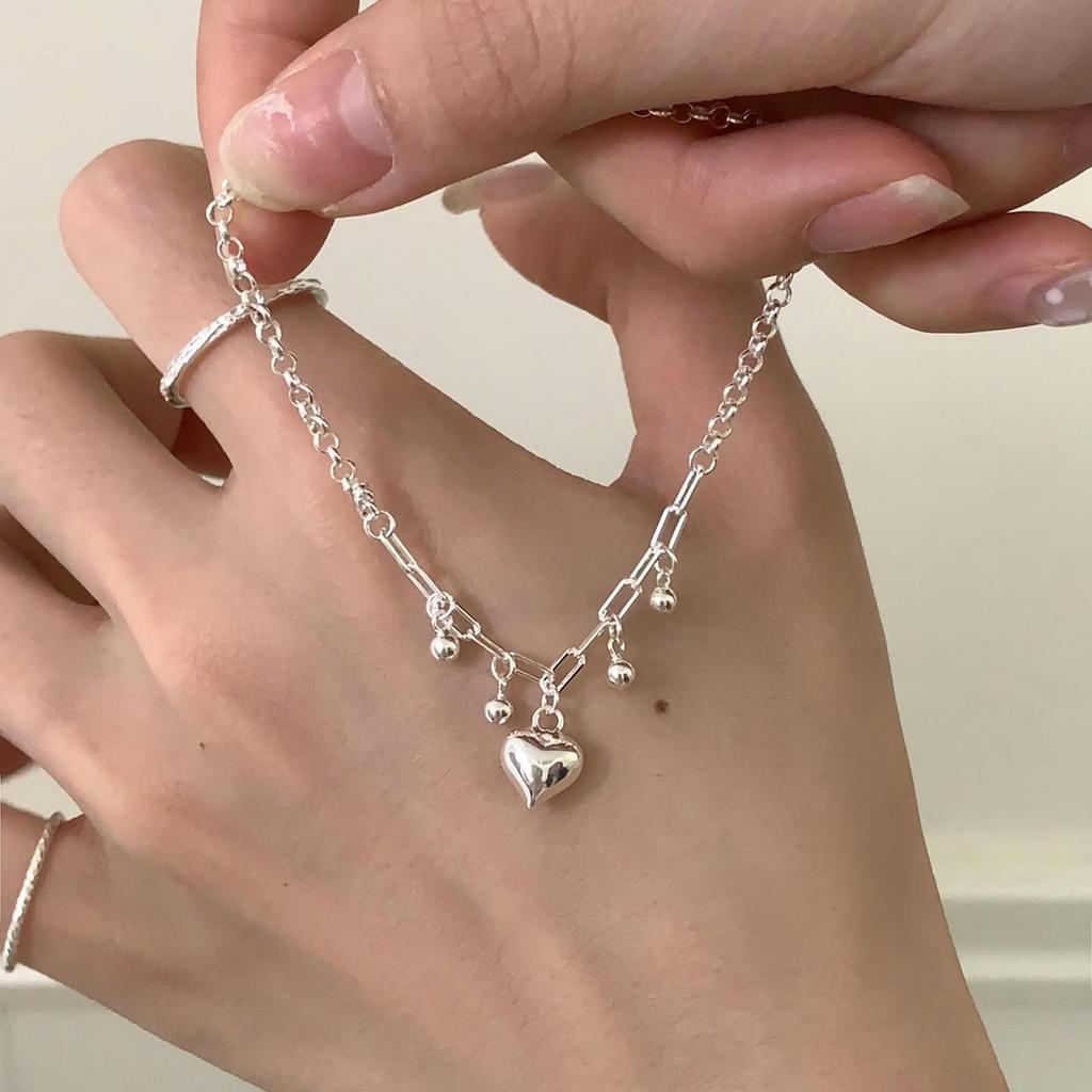 Korean S925 Sterling Silver Heart & Round Bead Bracelet for Women - Elegant, Simple, High-End Design
