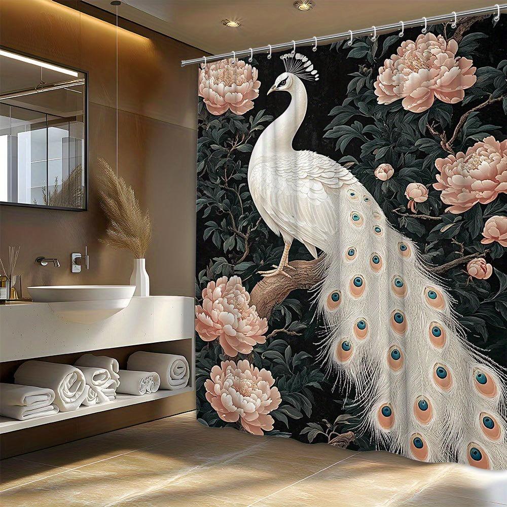 Elegant White Peacock With Flowering Peony Shower Curtain 12 Hooks, Four Seasons Bathroom Decorative Bathtub Shower Curtain