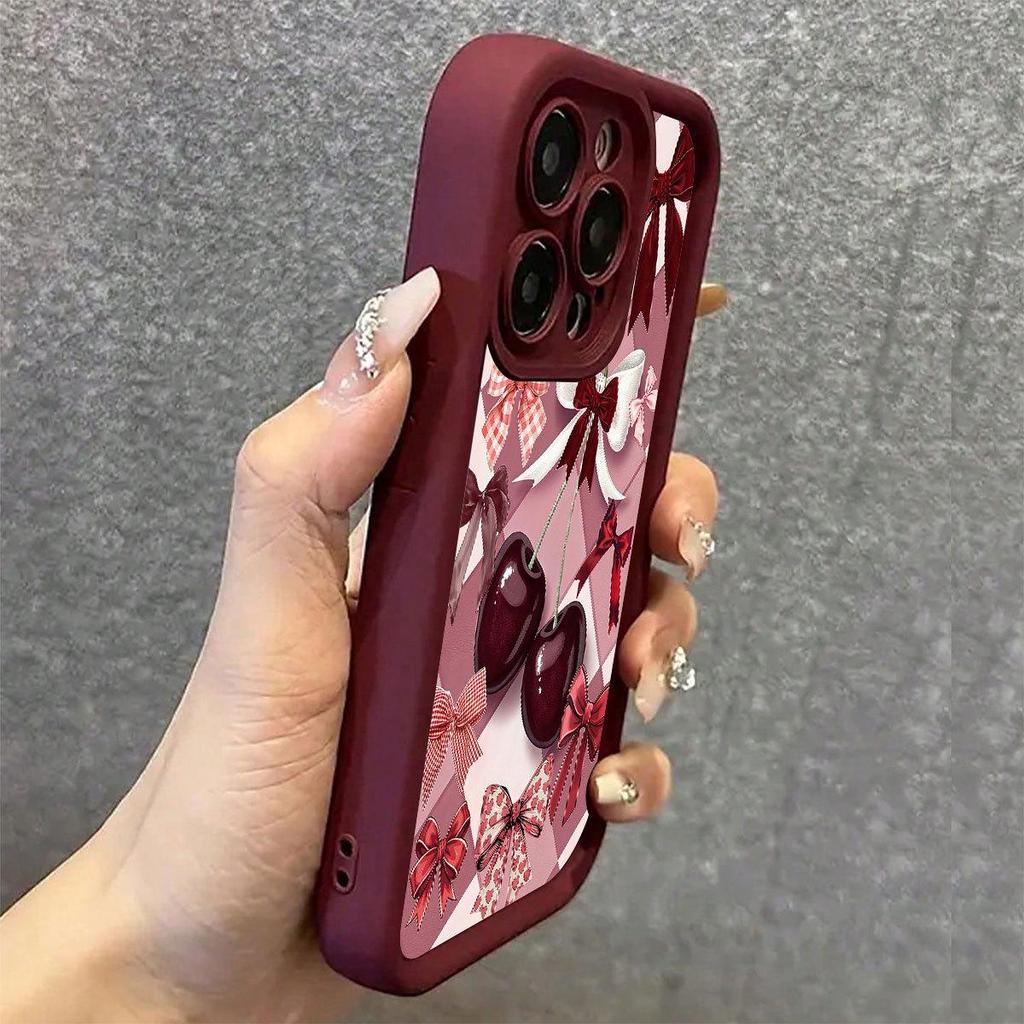 Cherry Bowknot Diamond iPhone 15/16/17 Case - Red Wine Groove Pattern