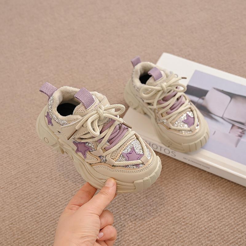 Girls Sports Shoes Fashion Classic Kids Casual Sneakers Children Running Shoes Air Mesh with Stars Breathable 2024 Winter New