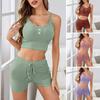 2 Pçs/Conjunto Roupa Casual Feminina Renda Decote V Sem Mangas Top Elástico Drastring Elástico Cintura Alta Slim Fit Shorts Homewear Colete Shorts Conjunto Pijama de Verão