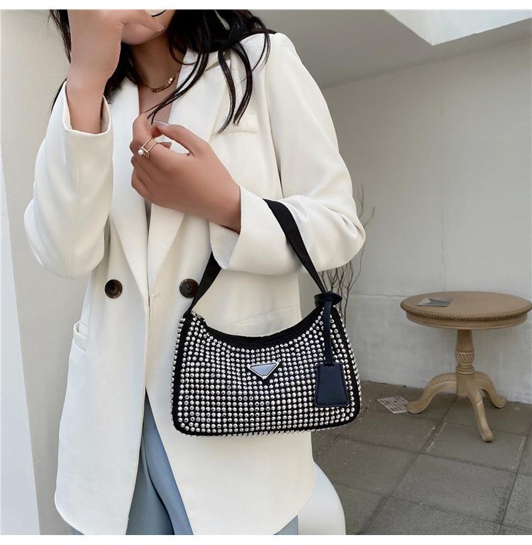 Luxury Diamond Nylon Shoulder Tote Bags For Womensmall Solid Color Women'S Designer Zipper Handbag Female Trend Armpit Bag