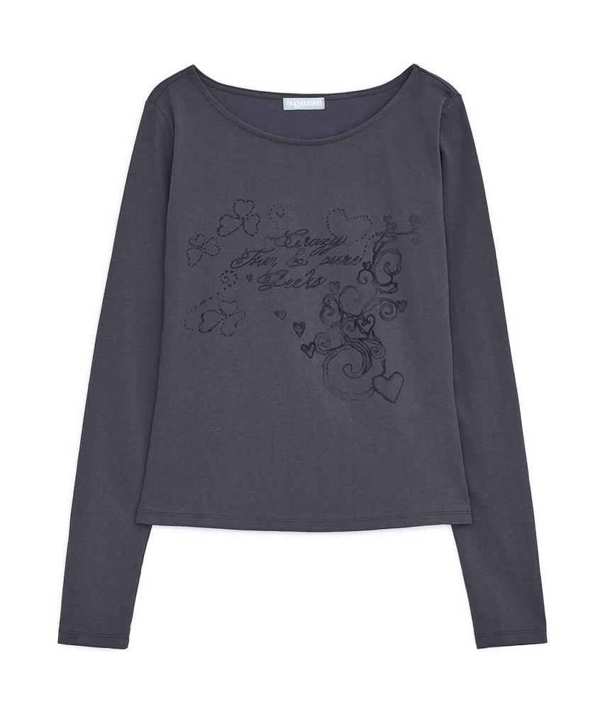 HUG YOUR SKIN Mellow Print Long Sleeve Tee (Charcoal)