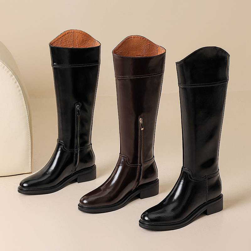 Krazing Pot Cow Split Skin Round Toe Med Heels Knight Boots Size 46 Size 45 Zip Plus Size Women Sewing Thigh High Boots