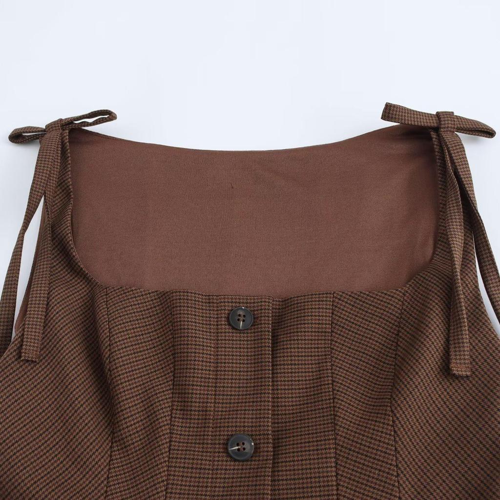 Retro kostkované jednodílné šaty na ramínka s mašlí - Evropský a americký styl